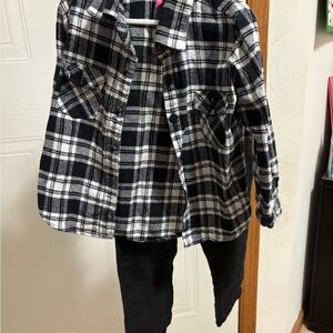 Black and White Plaid Shirt with Black Pants